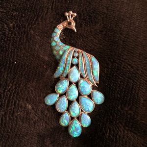 Blue Fire Opal and Silver Peacock Slide Pendant
